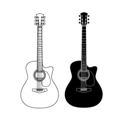 Obraz premium Two acoustic guitars one in outline and one in solid black on a white background illustration