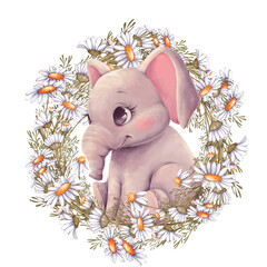 Hand-Drawn Baby Elephant in Daisy Wreath Illustration