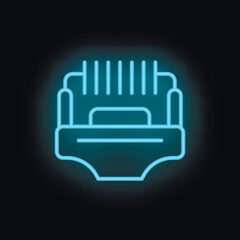 Glowing blue neon icon of a shredder machine destroying a document