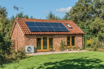 Obraz premium Brick cottage with solar panels on a sunny day