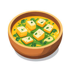 Saag Paneer, cartoon vector illustration, flat 2D isometric style, white background.