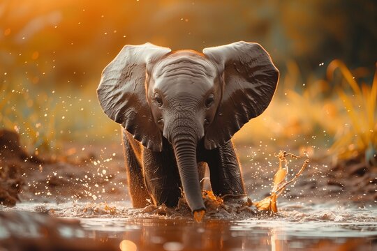 A young elephant playfully splashes through a shallow water source during a vibrant sunset.