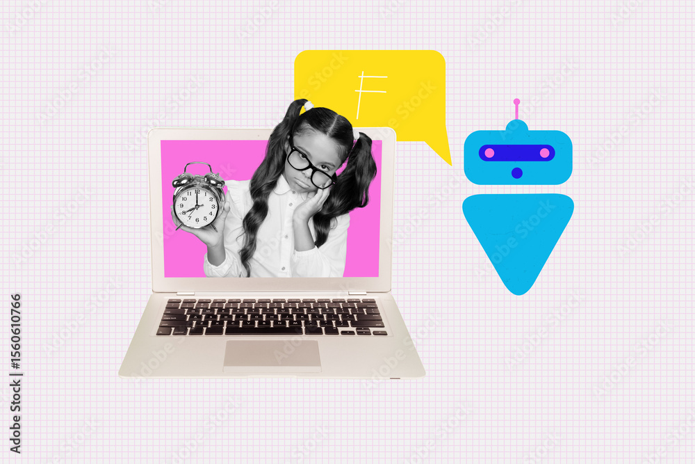 Poster Image poster trend collage of minded schoolgirl peek laptop hold alarm clock robot artificial intelligence helper bot time to learn