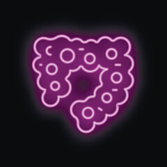 Neon icon of human intestines glowing purple on a black background, perfect for representing topics of digestion, gastroenterology, and internal organs