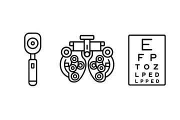 Ophthalmology equipment symbols - eye chart, retinoscope, phoropter vector icon isolated illustration