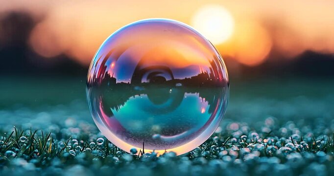 Macro shot of a soap bubble on grass with dew drops, reflecting a beautiful sunset or sunrise.