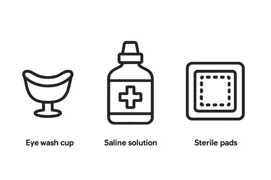 Eye wash cup, saline solution, sterile pads - essential eye care items vector icon isolated illustration