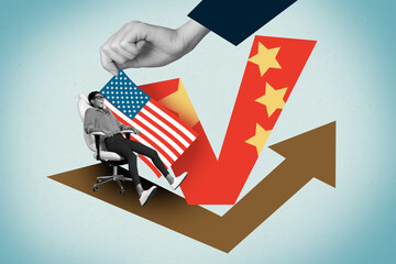 Trend artwork banner sketch collage of arrow up young lady sit armchair hand hold american flag...