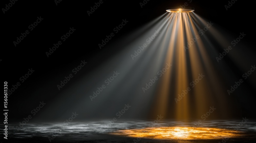 Poster radiant light beams penetrate the darkness and illuminate a misty surface below, creating a dramatic