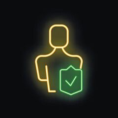 Neon icon representing the concept of user account security with a stylized human figure and a shield