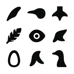 Penguin Anatomy Icons. Solid, filled icon set of penguin anatomy: flipper, beak, webbed feet, feathers, eye, tail, belly, wing,