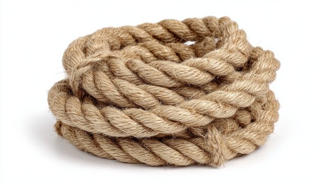 Neatly coiled bundle of hemp rope isolated on a white background