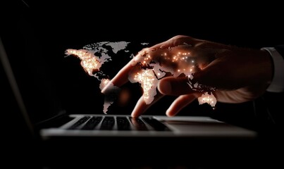 A hand hovers over a laptop keyboard, a glowing world map overlayed