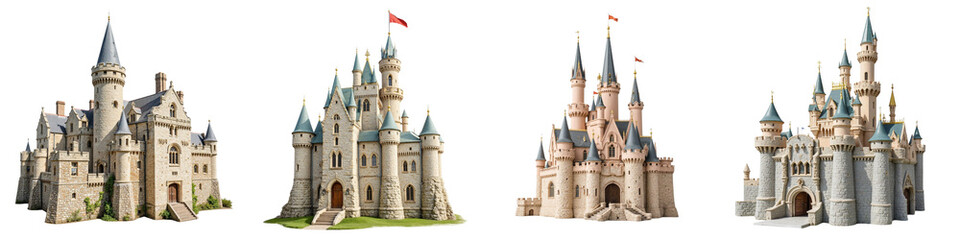 Various fantasy castles with towers and flags in colorful design  