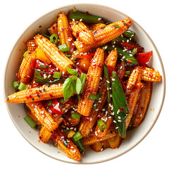 Delicious baby corn stir fry with sesame seeds and green onions isolated on transparent background