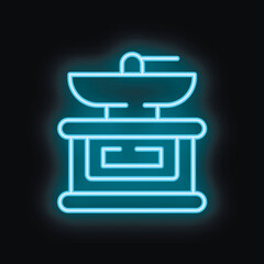 Blue neon sign of a manual coffee grinder glowing on a black background