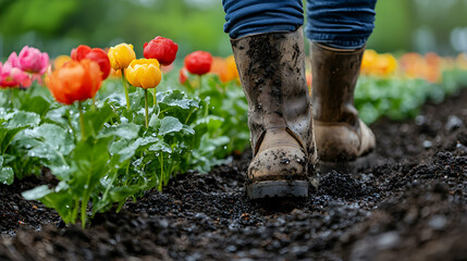 Fototapeta premium Walking Through Flower Bed in Muddy Boots After the Rain