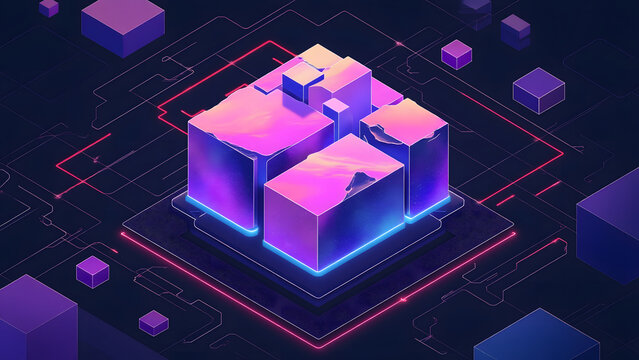 Isometric digital cubes with glowing neon edges in purple and pink hues, floating in dark futuristic grid environment with high tech feel - Powered by Adobe