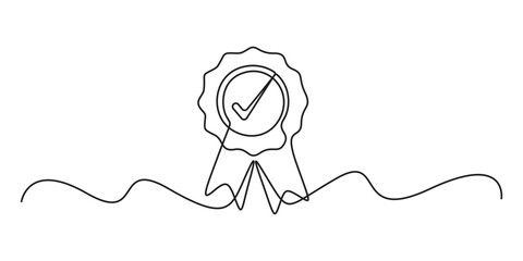 Award badge with check mark in one continuous line drawing style vector illustration