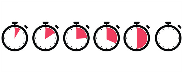 Stopwatch Vector Icons Set – Five Time Interval Symbols in Red on White Background