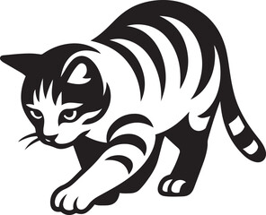 Stalking kitten black and white illustration, Playful young cat line art design