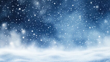 A winter scene of falling snow.  Dark blue night sky,  snowflakes,  and snowy ground