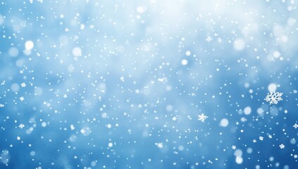 Soft, light blue background with falling snowflakes and bokeh