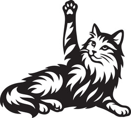 Maine coon cat raising paw illustration, Playful black and white cat vector art
