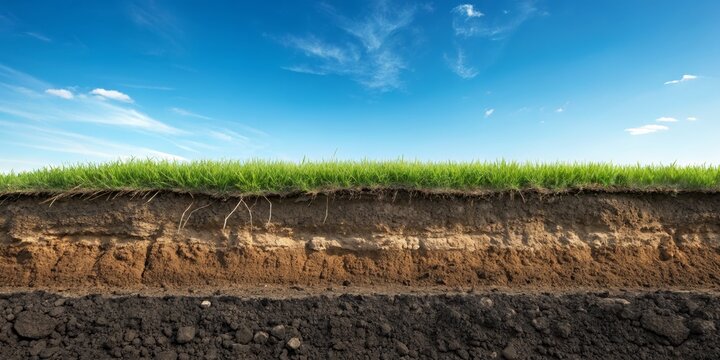 Cross-Section of Soil Layers under Grassy Field, Blue Sky Background, Soil Profile, Agriculture, Nature Soil layers, soil profile, cross-section
