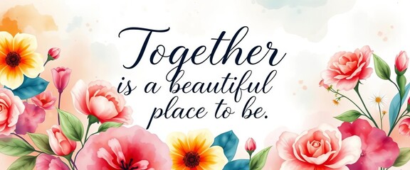Elegant calligraphy "Together is a beautiful place to be" on a watercolor floral background,  nature,  beautiful