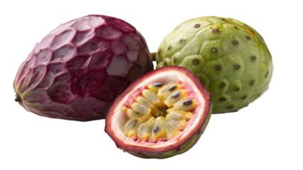 Passion fruit and cherimoya are growing in popularity isolated on a white background PNG. AI GENERATED.