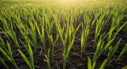 Obraz premium Close up of bright green grass shoots emerging from dark soil under warm sunlight