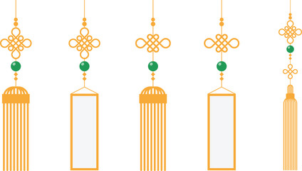 Flat Vector Illustration of Traditional Korean Norigae Ornaments with Geometric Knot and Tassel Design for Cultural Decoration and Presentation