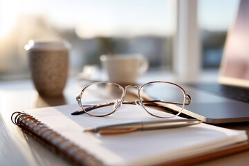 A pair of classic reading glasses resting on top of an open notebook on a modern office desk, surrounded by a pen, laptop, and a cup of coffee, with soft morning light coming through a nearby window.