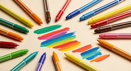 Creative Pens and Strokes Beige Background Artistic Expression Tools