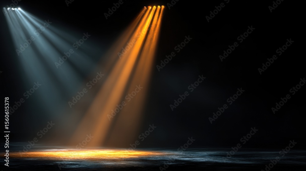 Poster radiant light beams penetrate the darkness and illuminate a misty surface below, creating a dramatic