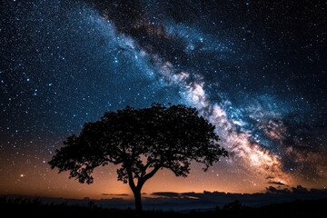 Naklejka premium Silhouetted tree under a vibrant night sky, Milky Way prominent
