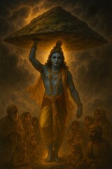 Fototapeta premium Lord Krishna Lifting Govardhan Hill A Divine Display of Power
