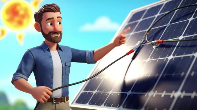 3D Cartoon Man Uses Solar Panel for Clean Energy