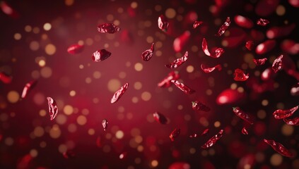 Dried red chili peppers falling against a blurred maroon background