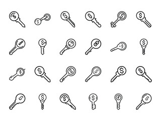 Currency Key Icons in Silhouette Line Style on White Background – Financial Access and Security Symbols Featuring Dollar, Euro, Yen, and Pound Signs