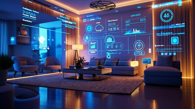 Futuristic Smart Home Living Room with Holographic Interface Displays and Ambient Lighting in High-Tech Interior Space

