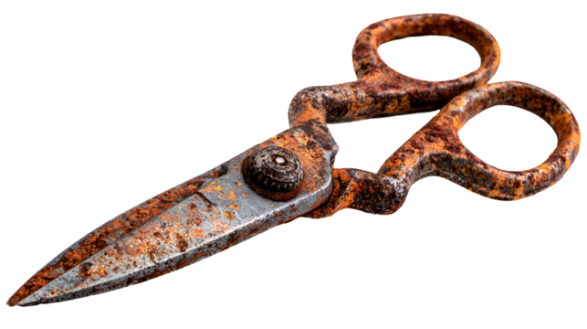 Rusty old scissors on black background antique tool