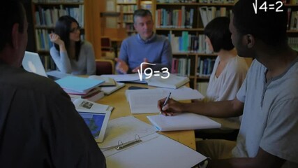 Students and professor discussing math in library, with ?9=3 fading in, formulas surrounding laptop - Powered by Adobe