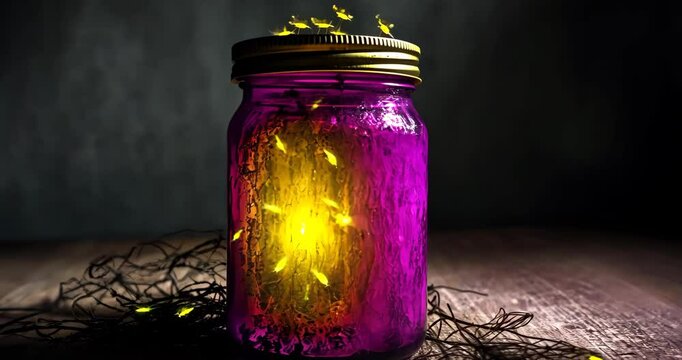 A purple jar filled with glowing yellow fireflies sits on a wooden table, creating a magical atmosphere.