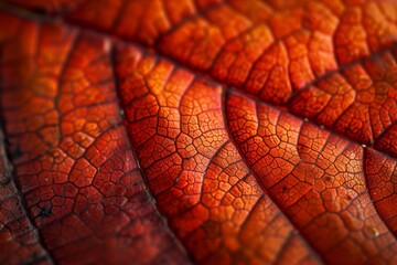 Close-up of vibrant red leaves displaying intricate patterns and textures, showcasing nature's stunning detail.
