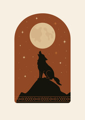wolf howling vector illustration minimalist boho style. decoration, background, arched frame. night, mountain, sky, stars, neutral colors, brown, beige, terracotta.