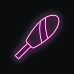 Glowing neon sign representing a corn dog with a bright purple outline on a black background