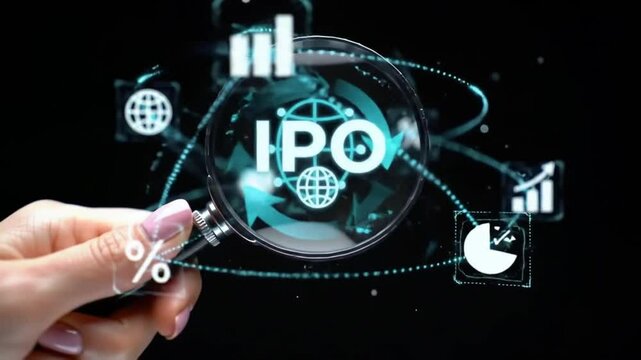 IPO Analysis Initial Public Offering with Magnifying Glass, Stock Market Research, Financial Data Analysis
