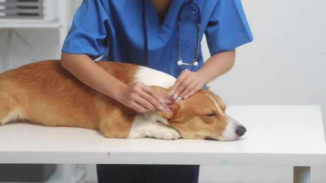 A young Asian female veterinarian gently examines a calm Corgi dog indoors at pet clinic, highlighting professional pet care, importance of regular health checkups and vaccinations like rabies shots.